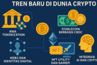 Ilustrasi tren terbaru di dunia kripto, termasuk perkembangan Web3, stablecoin berbasis CBDC, serta peran NFT dan AI dalam mendorong adopsi teknologi blockchain secara global.