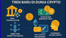 Ilustrasi tren terbaru di dunia kripto, termasuk perkembangan Web3, stablecoin berbasis CBDC, serta peran NFT dan AI dalam mendorong adopsi teknologi blockchain secara global.