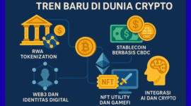 Ilustrasi tren terbaru di dunia kripto, termasuk perkembangan Web3, stablecoin berbasis CBDC, serta peran NFT dan AI dalam mendorong adopsi teknologi blockchain secara global.