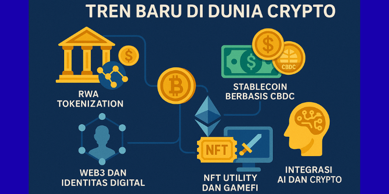 Ilustrasi tren terbaru di dunia kripto, termasuk perkembangan Web3, stablecoin berbasis CBDC, serta peran NFT dan AI dalam mendorong adopsi teknologi blockchain secara global.